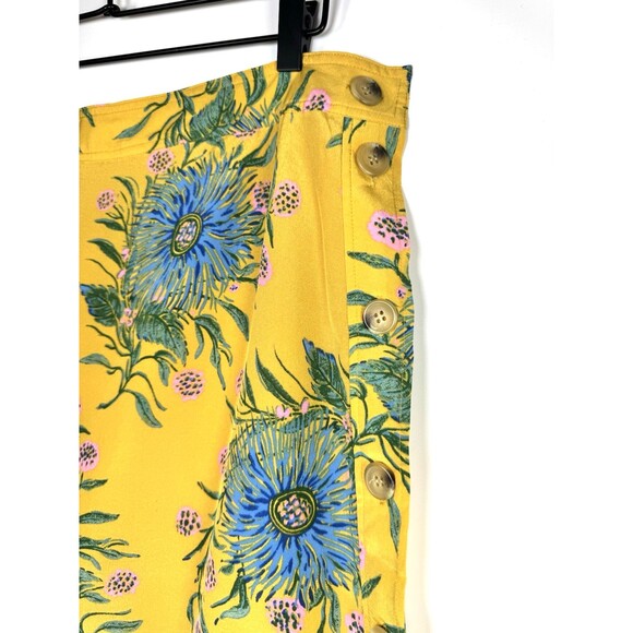 Madewell Silk Skirt Womens 12 Yellow Gold Floral Side Button Painted Blooms Midi - Picture 4 of 13
